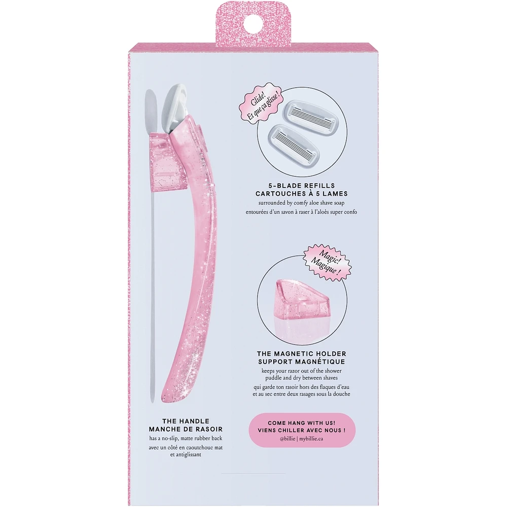 Billie Women’s Razor Kit - 1 Handle + Magnetic Holder + 2 x 5-Blade Refills - Pink Sparkle