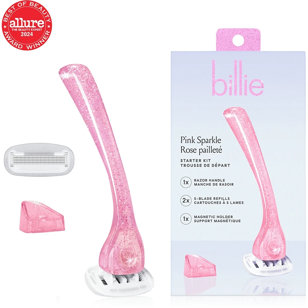 Billie Women’s Razor Kit - 1 Handle + Magnetic Holder + 2 x 5-Blade Refills - Pink Sparkle