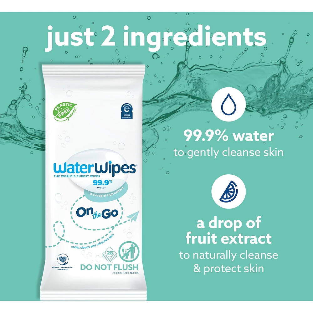 Plastic-Free On The Go Wipes, 99.9% Water Based Wipes, Unscented & Hypoallergenic for Sensitive Skin, Packaging May Vary