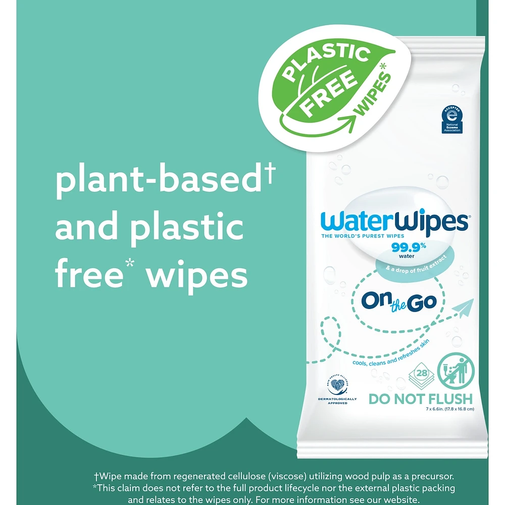 Plastic-Free On The Go Wipes, 99.9% Water Based Wipes, Unscented & Hypoallergenic for Sensitive Skin, Packaging May Vary