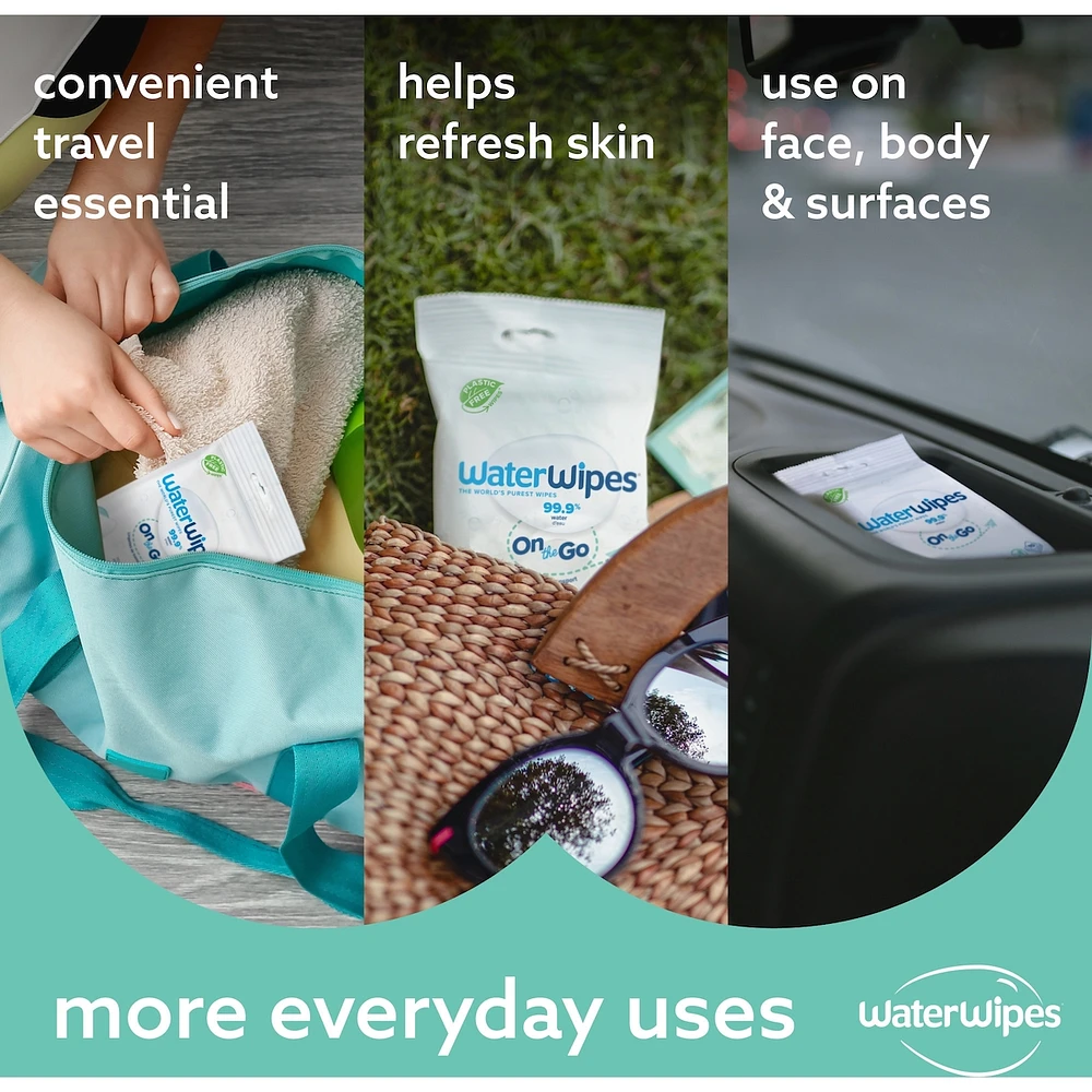Plastic-Free On The Go Wipes, 99.9% Water Based Wipes, Unscented & Hypoallergenic for Sensitive Skin, Packaging May Vary