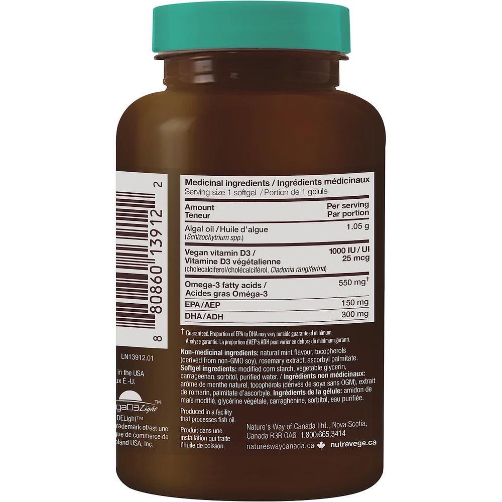 NutraVege Omega-3 +D, Plant-Based VeggieGels, Fresh Mint / 30 softgels