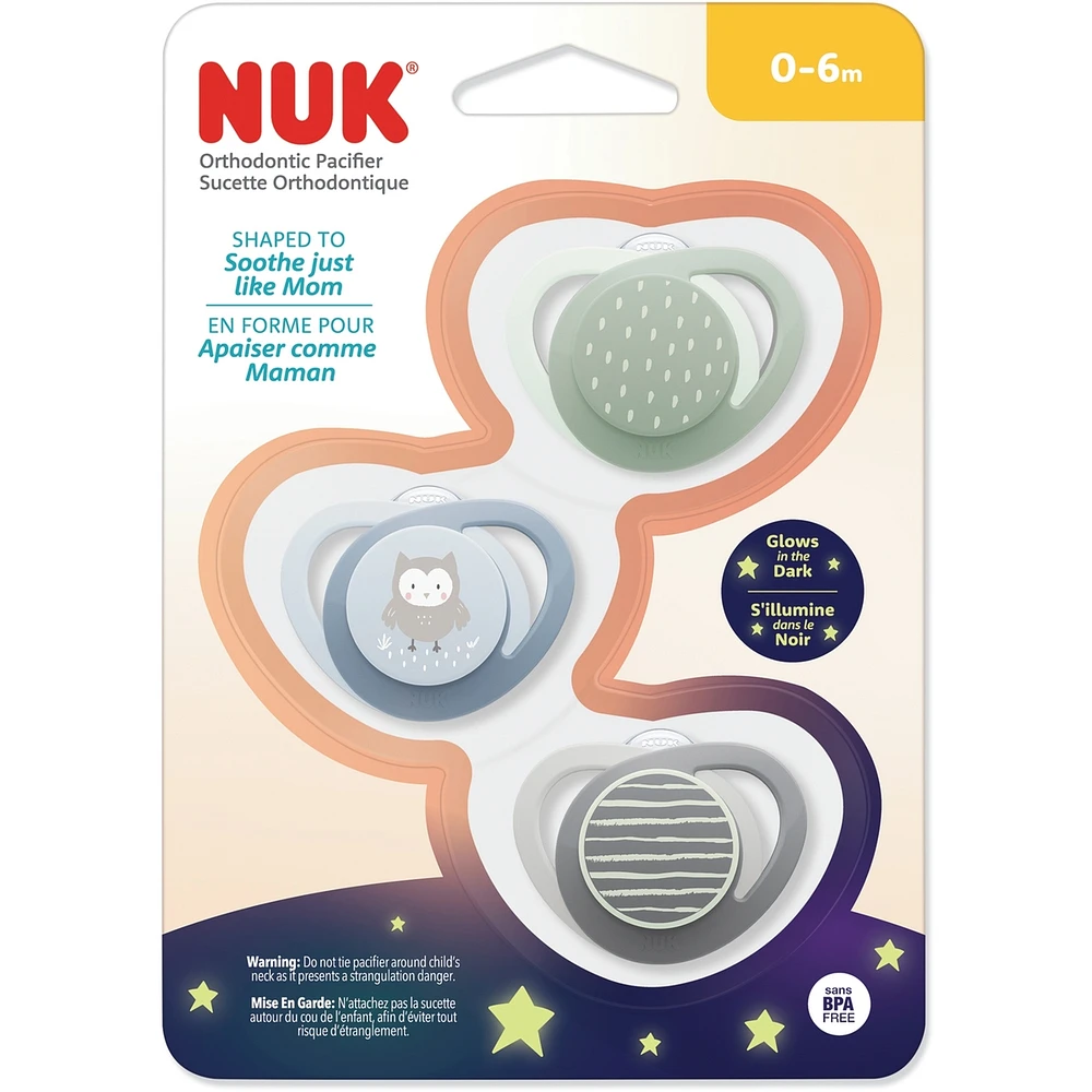 NUK Orthodontic Pacifier, 0-6 months, Blue Owl, 3 Pack