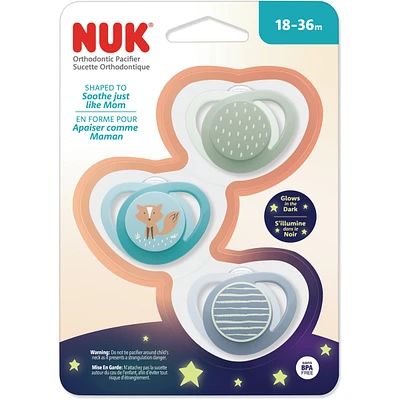 NUK Orthodontic Pacifier, 18-36 months, Teal Fox, 3 Pack