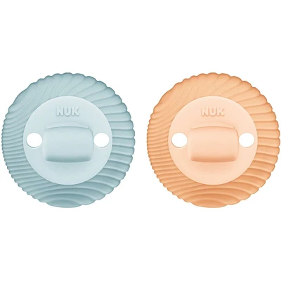 NUK Comfy Duet Soother 2-in-1 Pacifier and Teether, 0-12 months, Green & Orange, 2 Pack