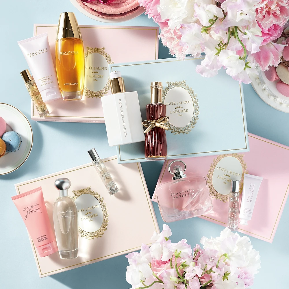 Ensemble de parfums de la collection Estée Lauder et Ladurée Pleasures| Notes de lys blanc, de rose rose et de bois de santal| Ensemble de parfums pour femmes