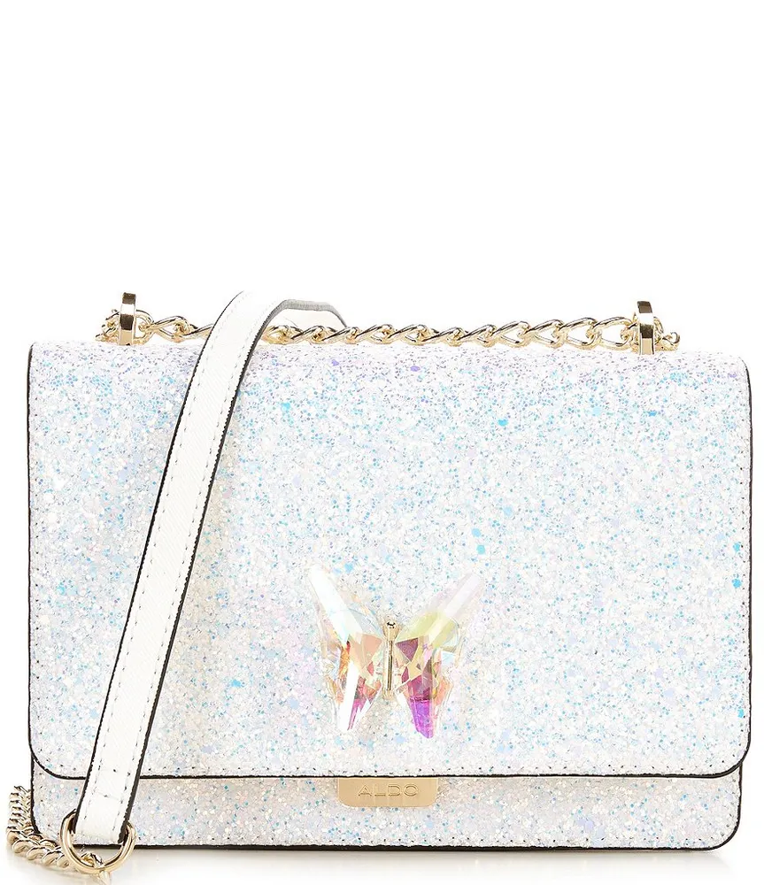 White Glitter Flap Butterfly Crossbody Chain Bag Purse with Zipper