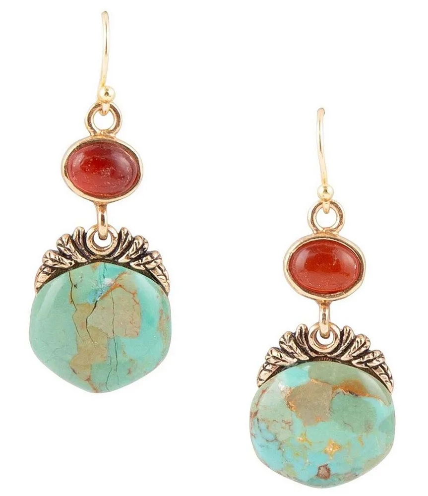 Barse Bronze and Turquoise Heart Drop Earrings - Gold