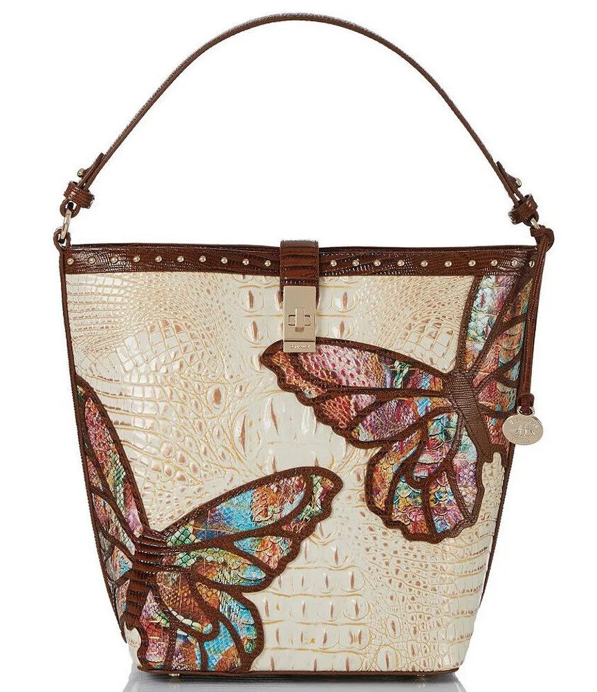 Brahmin Fiora Croc Embossed Leather Bucket Bag in Green