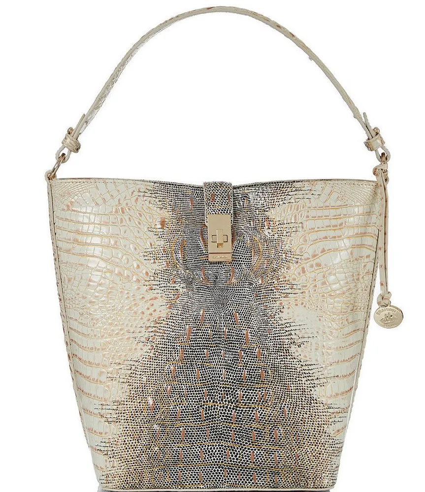 Brahmin Fiora Croc Embossed Leather Bucket Bag in Green