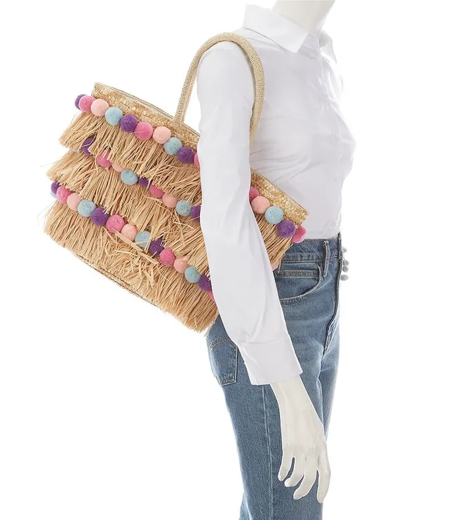 Btb Los Angeles Opal Pom Pom Straw Crossbody Bag