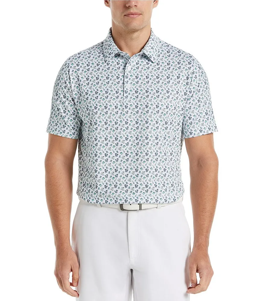 Original Penguin Men's Short Sleeve All-Over Oversized Cocktail Print Polo Shirt, Size Small, Mediterranian Blue, Recycled Polyester/Elastane