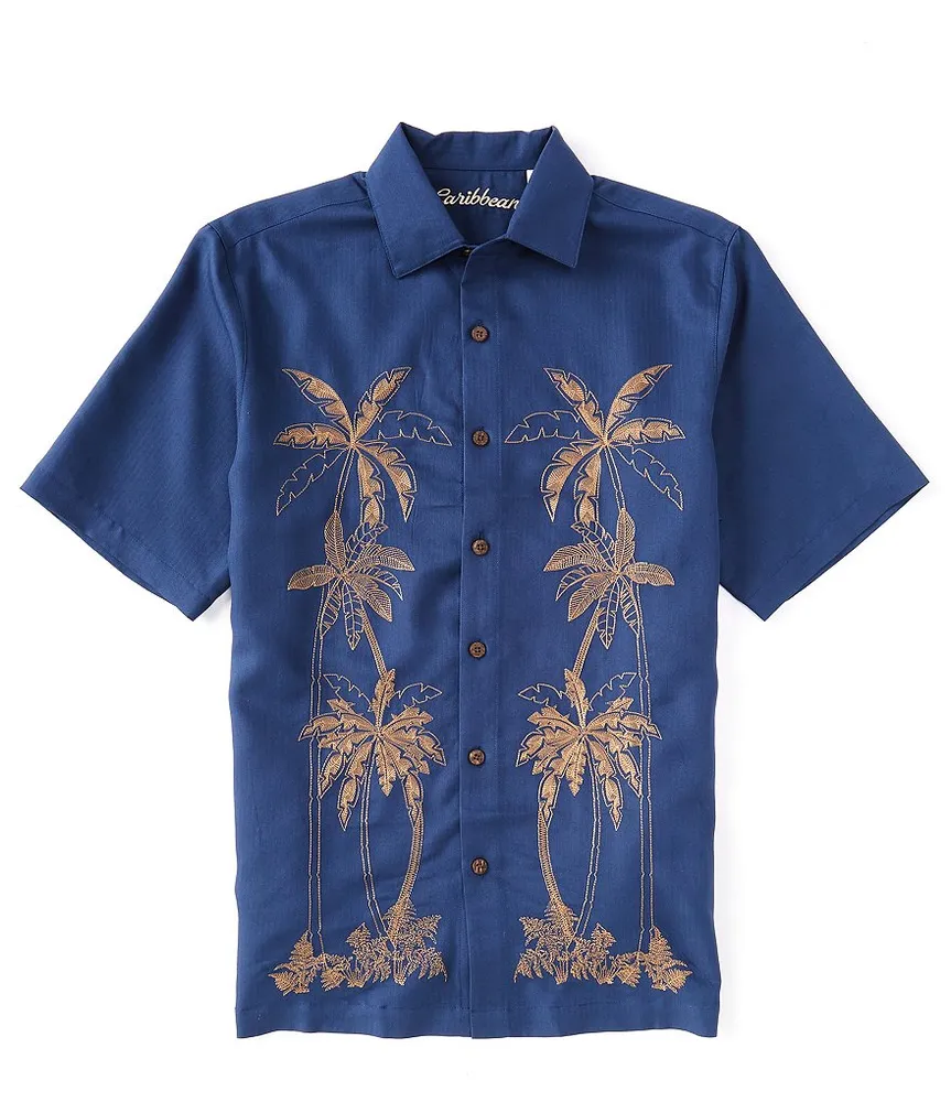 Caribbean Embroidered Navy Short Sleeve Woven Shirt