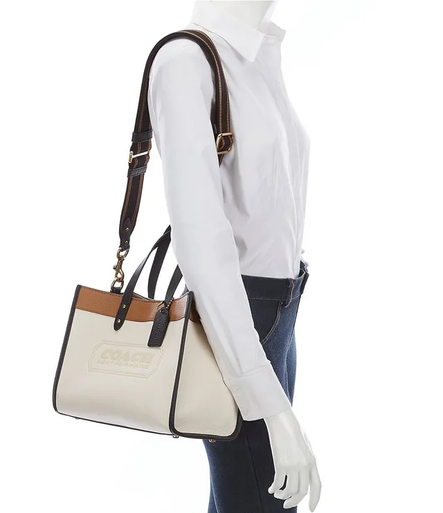 COACH Field Signature Logo White Colorblock Pebble Leather Tote Bag