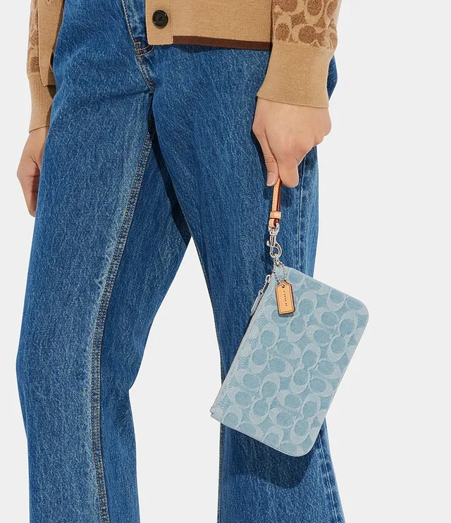 COACH Washed Denim And Leather Signature Zip Card Case in Blue