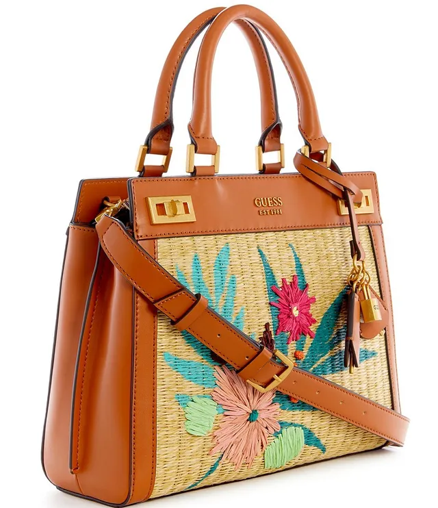 Guess Katey Luxury Straw Tropical Floral Leather Satchel Bag