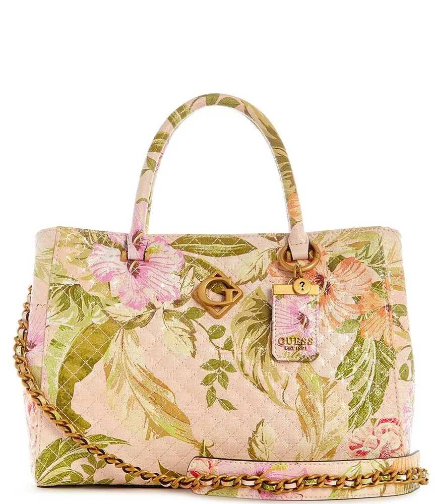 Guess Katey Luxury Straw Tropical Floral Leather Satchel Bag