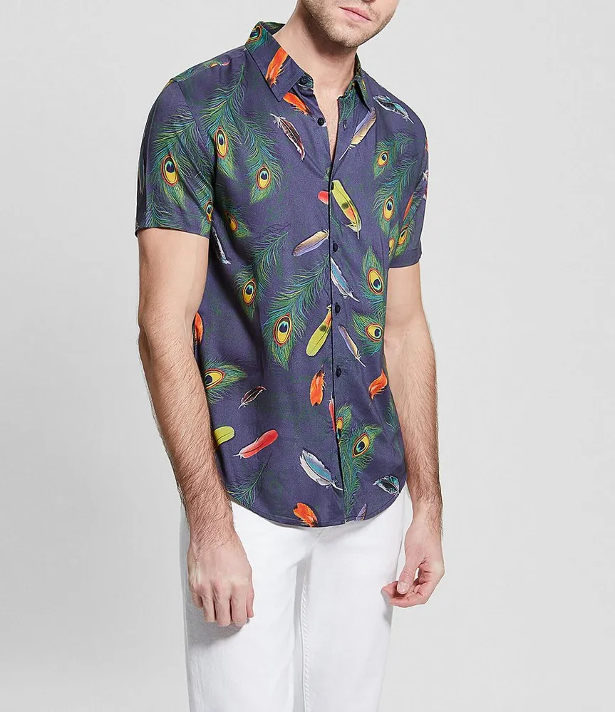 Guess Tiger/Bamboo Printed Short Sleeve Woven Shirt