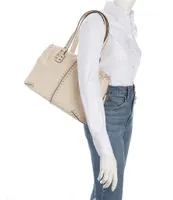 Michael Kors Marilyn Medium Saffiano Leather Top Zip Logo Charm Tote Bag - Light Cream