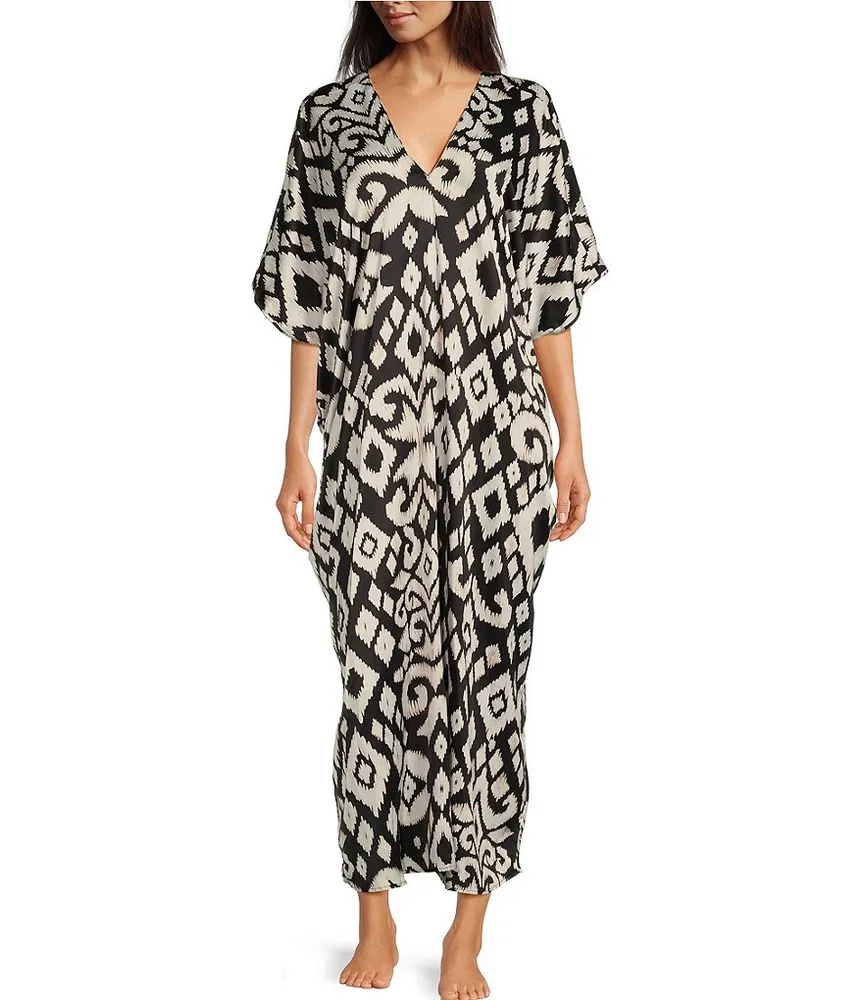 N by Natori Satin Majestic Orchid Floral 34 Sleeve Split V-Neck Caftan - S