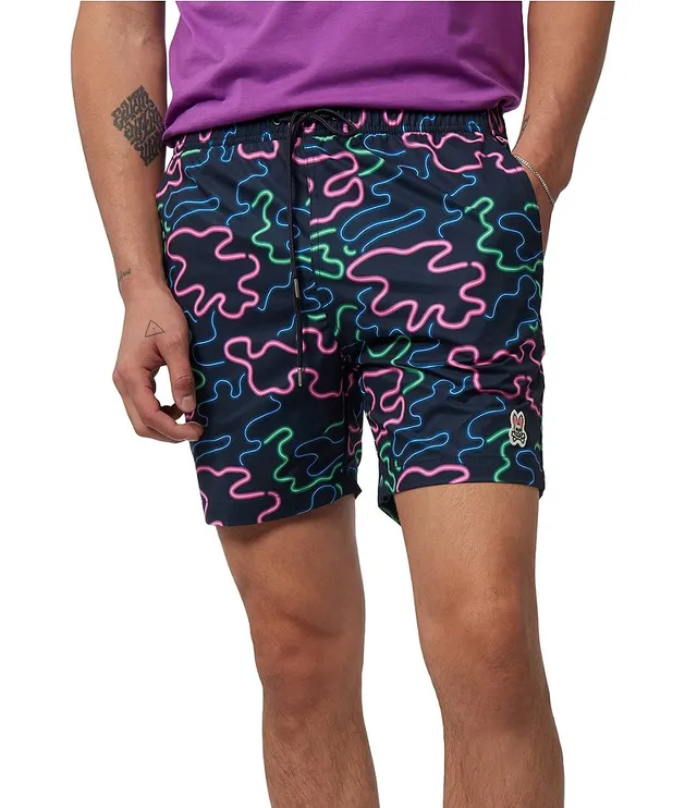 Psycho Bunny Damon Allover Logo Printed 5.75 Inseam Swim Trunks