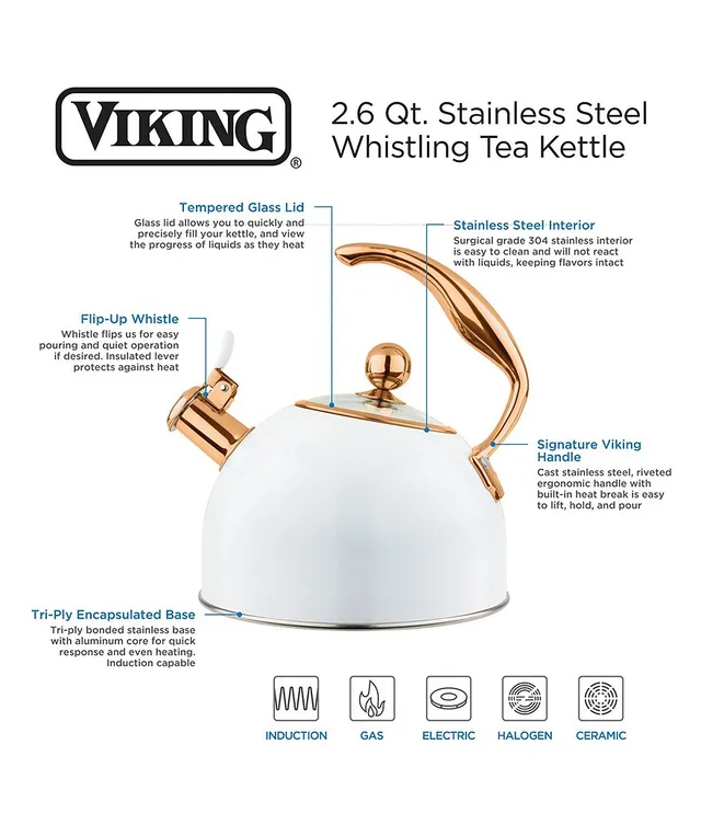 Viking 2.6 Quart Stainless Steel Whistling Kettle With 3-Ply Base, Mirror  With Copper