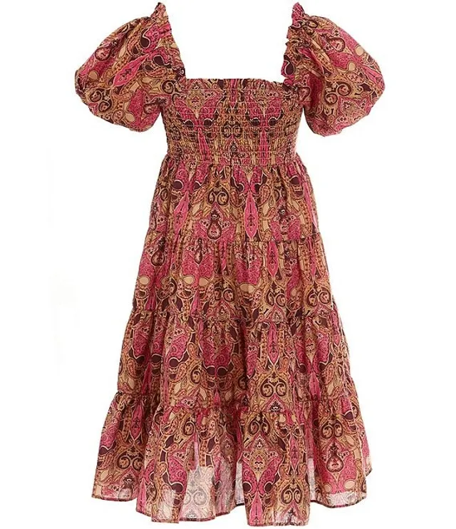 A Loves Little Girls 7-16 Puff Sleeve Smocked Bodice Multi Color Paisley  Print Midi Dress