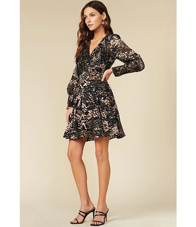 Adelyn Rae Deep V-Neck Long Sleeve Animal Burnout Chiffon A-Line Dress |  The Shops at Willow Bend