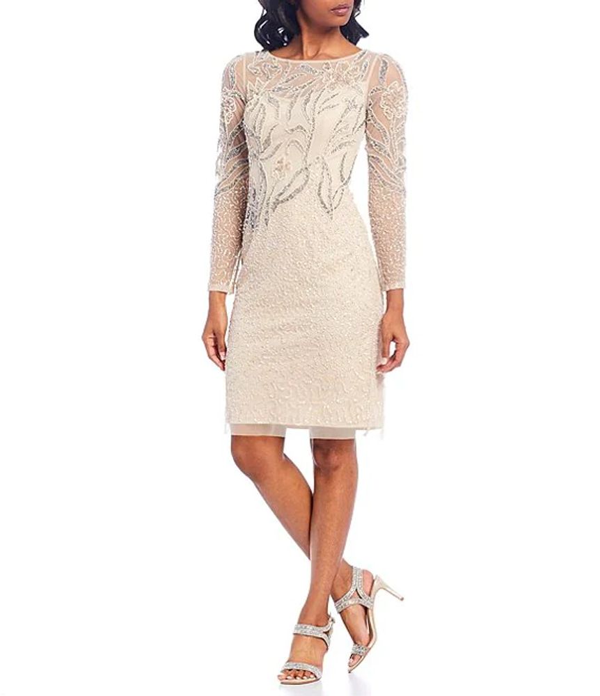 adrianna papell beaded mesh illusion cocktail dress | brazos mall