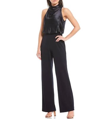 twist neck satin & crepe jumpsuit eliza j