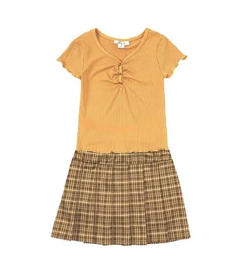 Ally B Big Girls 7-16 Short Sleeve 3 Button Henley With Merrow Edge Top and Plaid Skirt 2-Piece Set