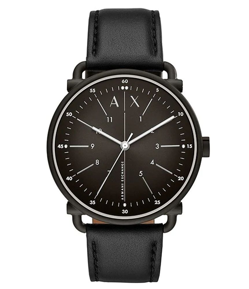 Armani Exchange Three-Hand Black Leather Watch | Brazos Mall