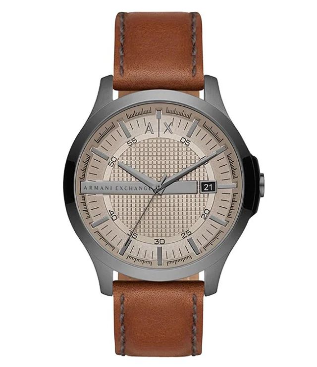 Armani Exchange Three-Hand Grey Dial Brown Leather Watch | Alexandria Mall