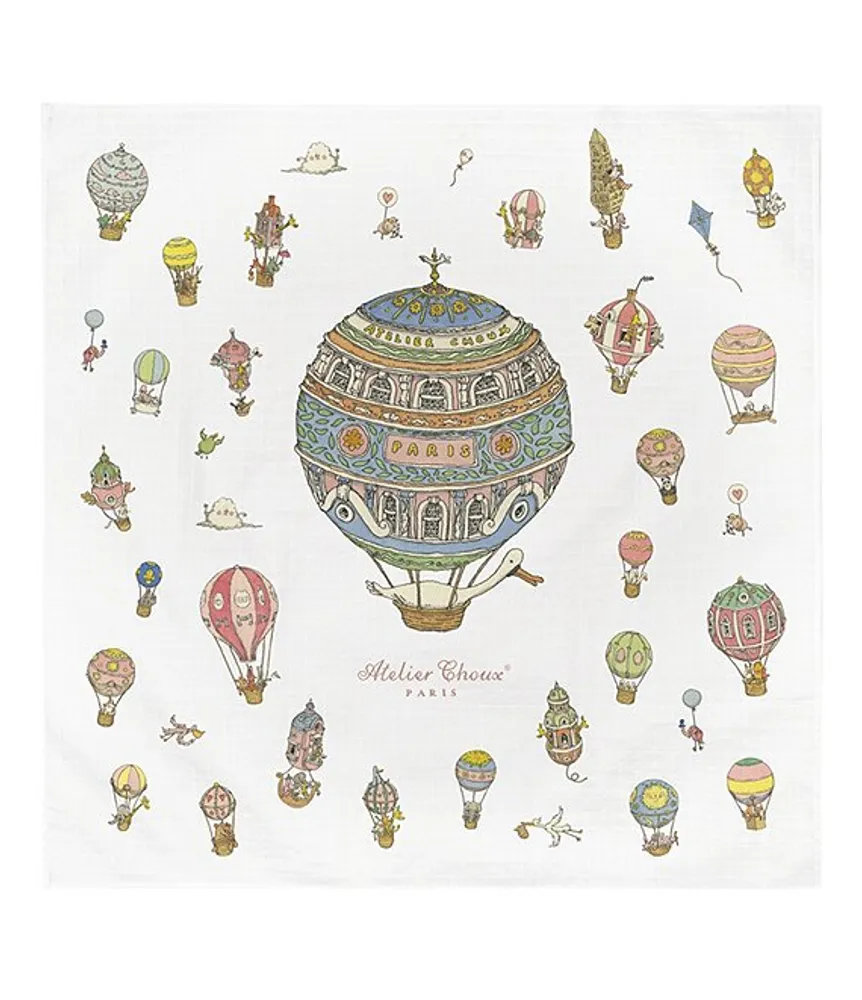 Atelier Choux Paris Organic Cotton Baby Hot Air Balloons Swaddle Blanket with Gift Box