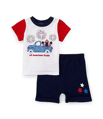 Baby Starters Boys 12-24 Months Short Sleeve Color Block Americana T-Shirt & Solid Shorts Set