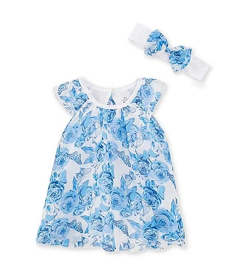 Baby Starters Girls 3-9 Months Flutter-Sleeve Floral-Printed A-Line Bodysuit Dress