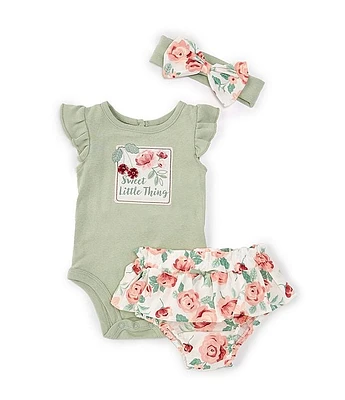 Baby Starters Girls 3-9 Months Flutter Sleeve Rib-Knit Embroidered-Patch Bodysuit & Floral Printed Bloomer Set