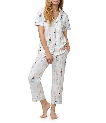 BedHead Pajamas Champagne Wedding Print Short Sleeve Notch Collar Jersey Knit Cropped Pajama Set