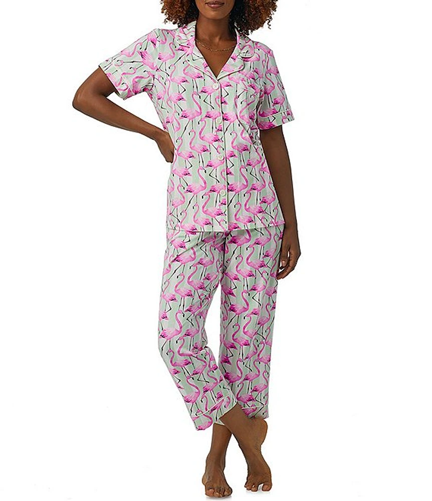 BedHead Pajamas Flamingo Print Short Sleeve Notch Collar Cropped Pajama Set