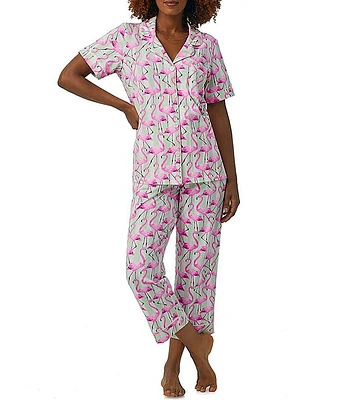 BedHead Pajamas Flamingo Print Short Sleeve Notch Collar Cropped Pajama Set