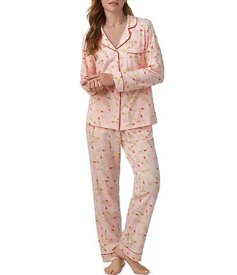 Bedhead Pajamas Jersey Knit Lipstick Print Long Sleeve Notch Collar Pant Pajama Set