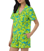 BedHead Pajamas Palm Print Knit Short Sleeve Notch Collar Shorty Pajama Set
