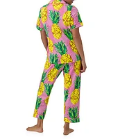 BedHead Pajamas Pineapple Print Short Sleeve Piping Trim Notch Collar Organic Cotton Knit Cropped Pajama Set