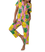 BedHead Pajamas Pineapple Print Short Sleeve Piping Trim Notch Collar Organic Cotton Knit Cropped Pajama Set