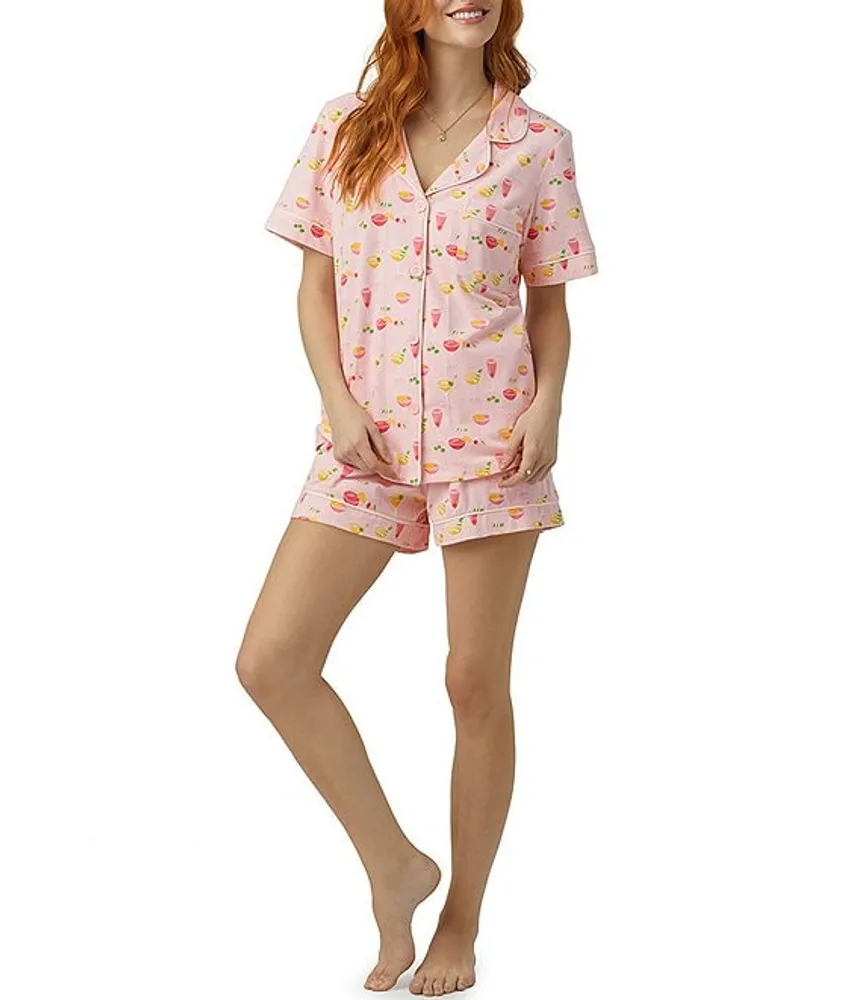 BedHead Pajamas Pink Mixology Short Sleeve Notch Collar Jersey Knit Shorty  Pajama Set