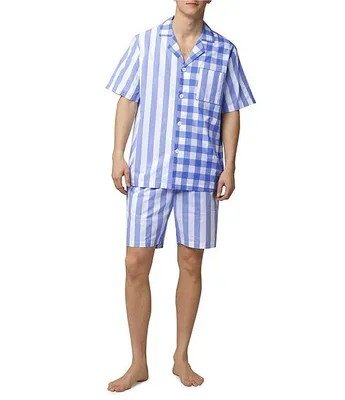 BedHead Pajamas Short Sleeve Bengal Stripe/Checked Woven Pajama Top & Striped Pajama Shorts Set