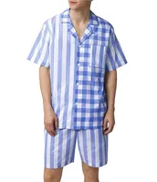 BedHead Pajamas Short Sleeve Bengal Stripe/Checked Woven Pajama Top & Striped Pajama Shorts Set