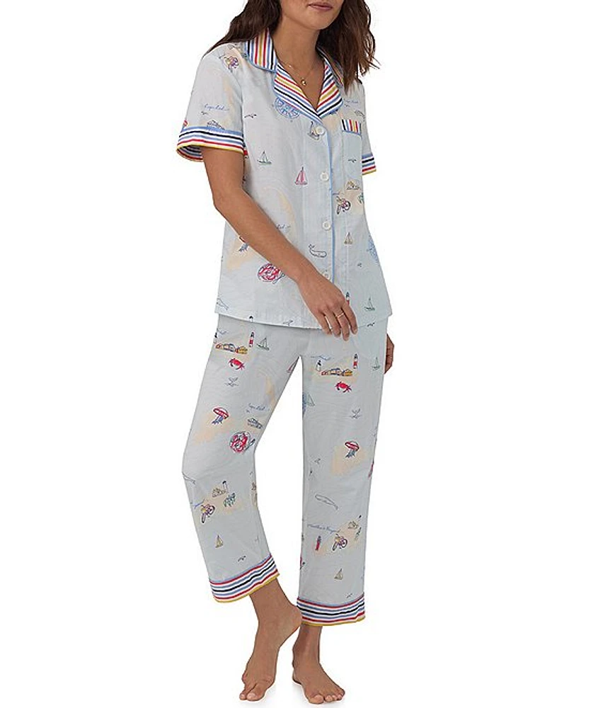 BedHead Pajamas Short Sleeve Notch Collar Woven Cropped Sea Print Pajama Set