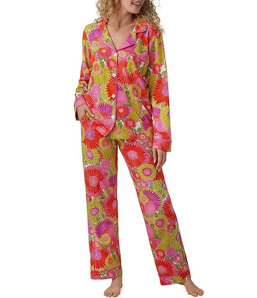 BedHead Pajamas x Trina Turk Botanical Print Long Sleeve Notch Collar Long Pant Pajama Set