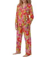 BedHead Pajamas x Trina Turk Botanical Print Long Sleeve Notch Collar Long Pant Pajama Set